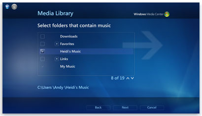 Multivides bibliotēkas lapa programmā Windows Media Center