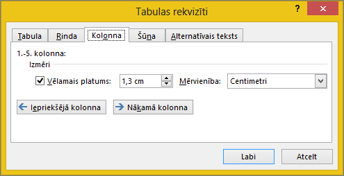 Column tab in the Table Properties dialog box