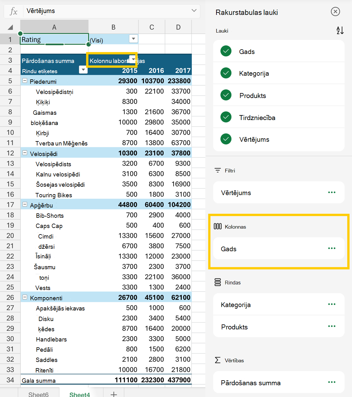 Image of the columns area in the field list and column labels in the PivotTable