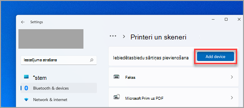 Kur var atrast Pievienot ierīci, iestatot printeri programmā Windows 11 Iestatījumi.