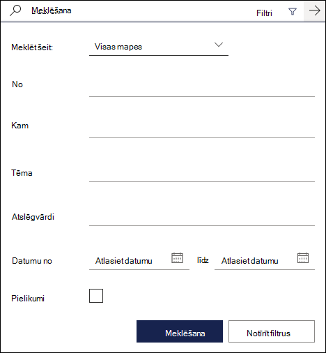 Meklēšanas lodziņš programmā Outlook tīmeklī, kurā redzami pieejamie filtri