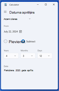 Laika perioda atņemšana no datuma programmā Windows Kalkulators.