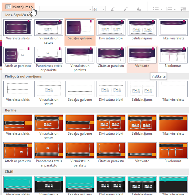 Noklikšķiniet uz lejupvērstās bultiņas blakus Izkārtojums, lai skatītu šablonu atlasi.