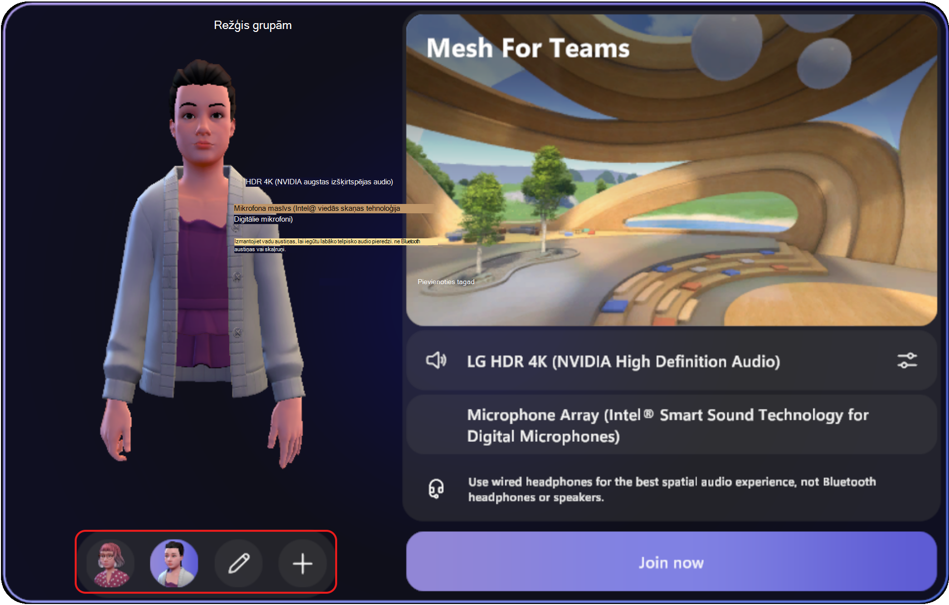 options for creating or customizing your avatars on the pre-join screen for immersive spaces.