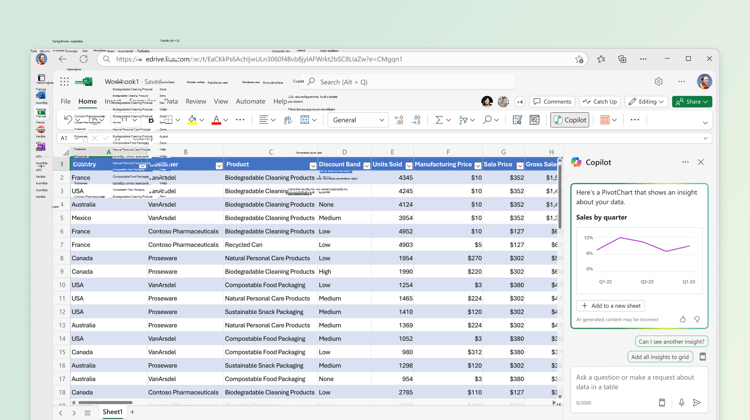 Ekrānuzņēmums, kurā redzams, kā programma Copilot programmā Excel identificē ieskatus no esošajiem datiem.