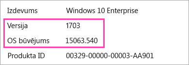 Ekrānuzņēmums, kurā rāda Windows versija un veidot numurus
