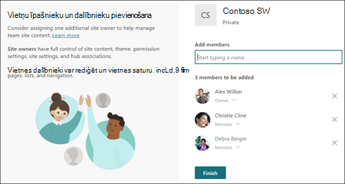 Ekrānuzņēmums ar lapu SharePoint Online dalībnieku pievienošana.