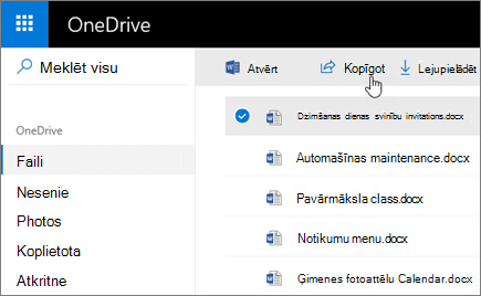 Ekrānuzņēmums ar atlasītu failu un pogu Kopīgot pakalpojumā OneDrive.