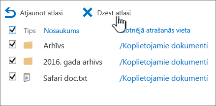 SharePoint 2016 2nd līmeņa atkritne ar iezīmētiem visiem vienumiem un izdzēst