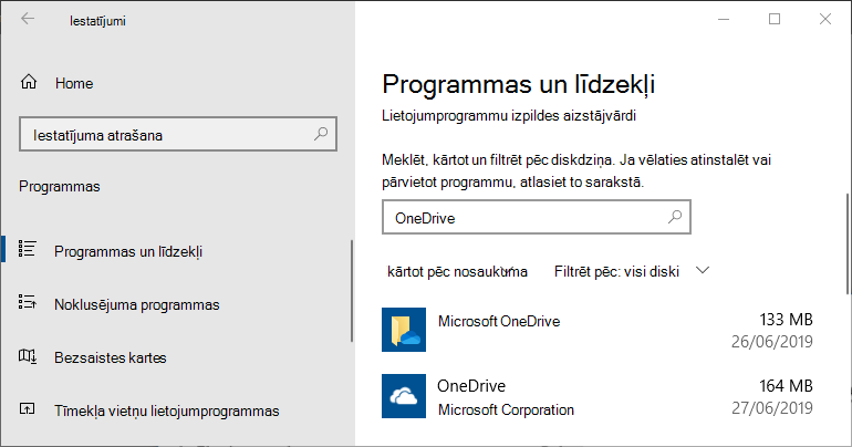 OneDrive Windows programmu iestatījumos