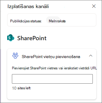 Ekrānuzņēmums ar SharePoint vietņu pievienošanas rūti.