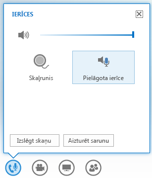 ekrānuzņēmums, kurā redzamas opcijas, kas tiek parādītas, norādot uz audio pogu