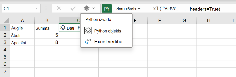 Python izvades izvēlne Excel darbgrāmatā.