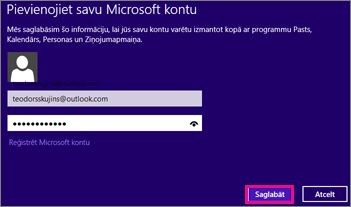 Windows 8 Mail Microsoft konta pievienošanas lapa