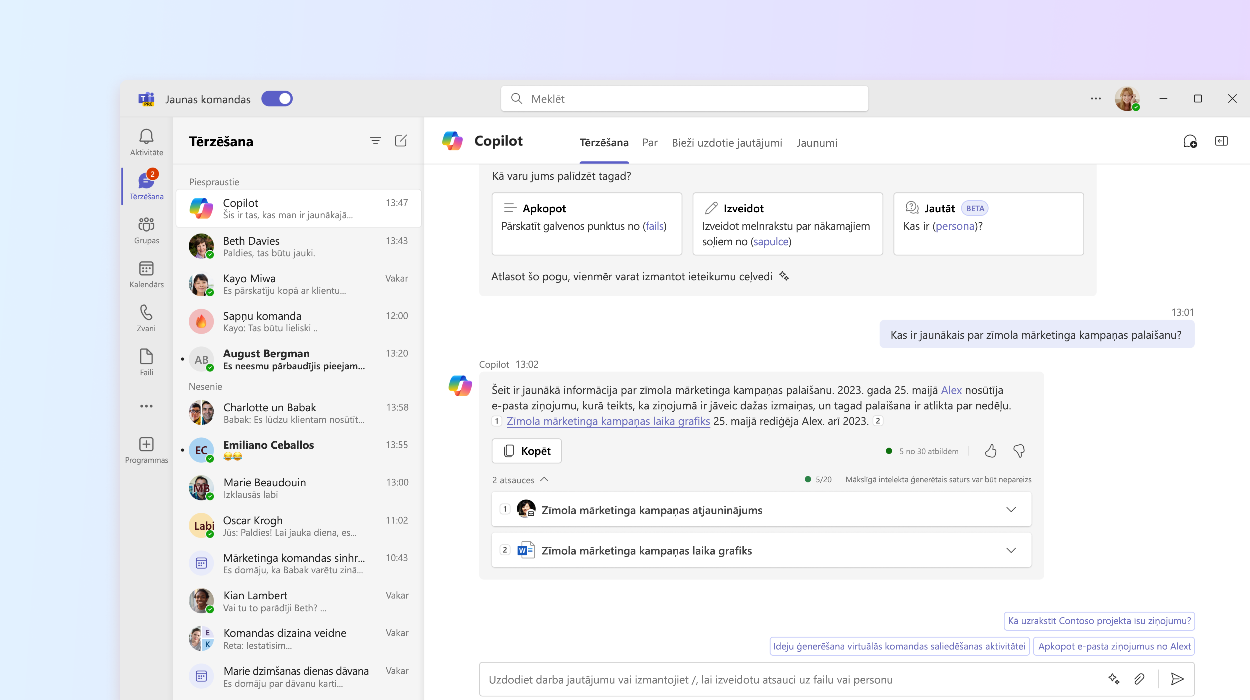 Ekrānuzņēmums, kurā redzama programma Microsoft 365 Copilot pakalpojumā Teams.