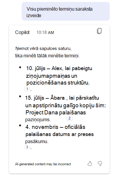 Copilot in Teams responding to the prompt "Create a list of any deadlines that were mentioned" with a list of deadlines.