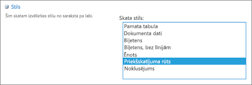 Stilu izvēles skata iestatījumu lapā