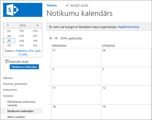 Kalendāru saraksta lietojumprogrammas piemērs.