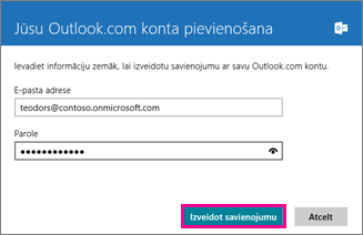 Windows 8 Mail Outlook konta pievienošanas lapa