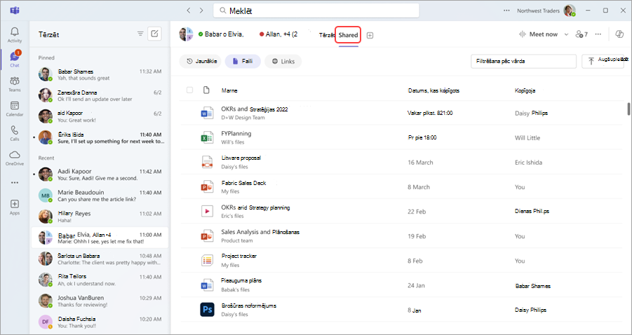 Ekrānuzņēmums, kurā redzami koplietojamie faili Teams grupas tērzēšanā.