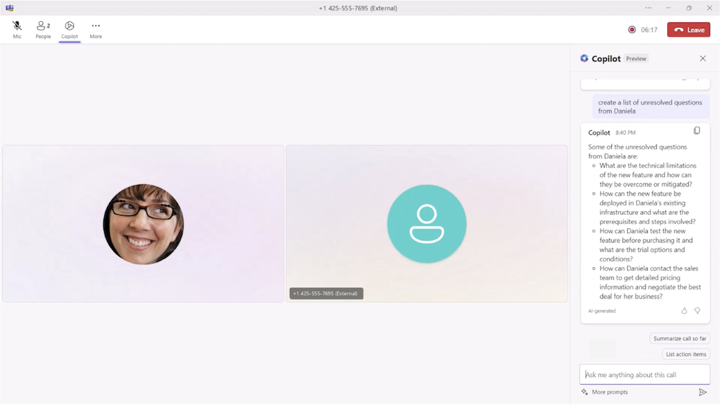 An image of Copilot enabled during a PSTN call in Teams