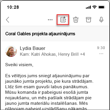 Copilot kopsavilkuma izveides ikona, lai izveidotu e-pasta pavediena kopsavilkumu iOS un Android ierīcēs.
