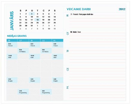 Studenta nedēļas plānošanas kalendāra veidne (Excel)