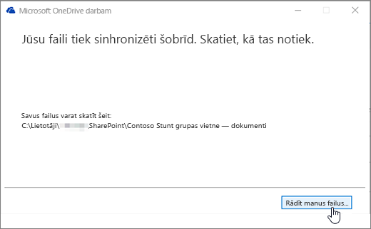 OneDrive darbam sinhronizācijas dialogs izcelts mans failu saraksts.