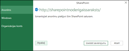 Excel Power Query izveido savienojumu ar SharePoint saraksta Savienošana dialoglodziņu