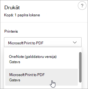 Ekrānuzņēmums, kurā redzama Microsoft Print to PDF selection