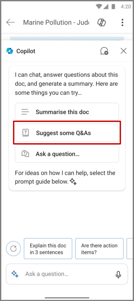 Ekrānuzņēmums ar Copilot programmā Word Android ierīcē, kurā iezīmēta uzvedne Ieteikt dažus jautājumus un atbildes