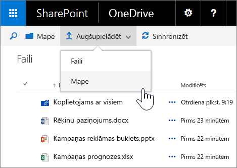 Ekrānuzņēmums, kurā redzama mapes augšupielāde pakalpojumā OneDrive darbam produktā SharePoint Server 2016 ar 1. līdzekļu pakotni