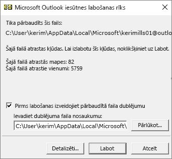 Parāda skenēta Outlook .pst datu faila rezultātus, izmantojot Microsoft iesūtnes labošanas rīku SCANPST.EXE