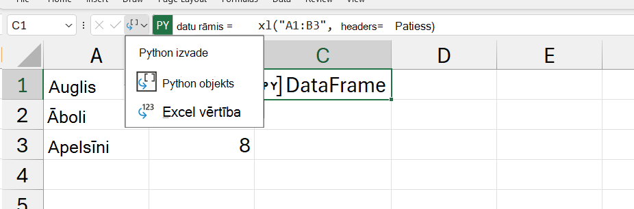 Atvērt Python izvades izvēlni programmā Excel.