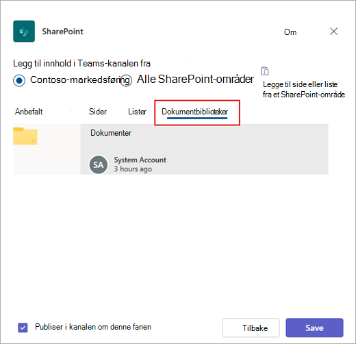 Legg til et SharePoint-dokumentbibliotek i Teams.
