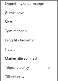 Kontekstmenyen, eller snarveismenyen, som vises når du høyreklikker en personlig mappe