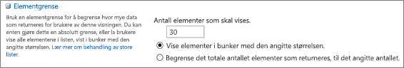 Angi antall elementer som skal vises på Vis innstillinger-siden