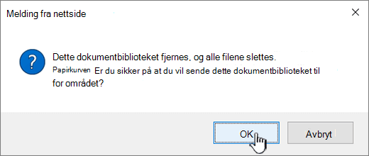 Dialogboksen Bekreftelse når du sletter et bibliotek