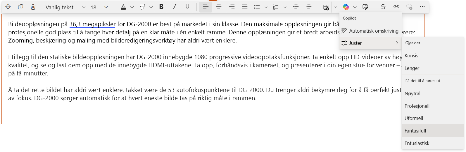 Skjermbilde av en rask visning av Copilot i SharePoint-redigering