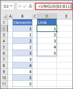 Eksempel på bruk av =UNIK(B2:B11) til å returnere en unik liste over tall