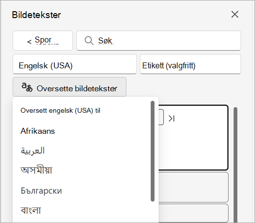 Rullegardinlisten Oversett bildetekster i Bildetekster-ruten.