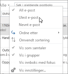 Skjermbilde som viser at alternativet Ulest e-post er valgt fra Alle-rullegardinmenyen på Innboks-båndet.