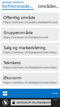 Forfremmede områder i SharePoint Online på en mobil enhet