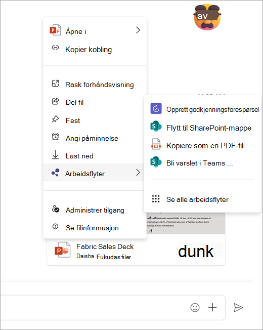 Skjermbilde som viser arbeidsflytmenyen som er åpen fra en delt fil