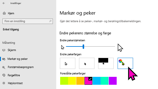 Endre pekerstørrelse og -farge i Windows 10 Innstillinger app