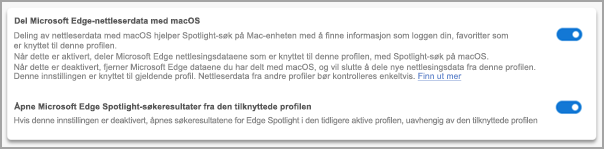 Innstillinger for Spotlight-søk i Microsoft Edge.