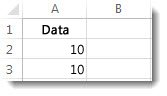 Data i celle A2 og A3 i et Excel-regneark
