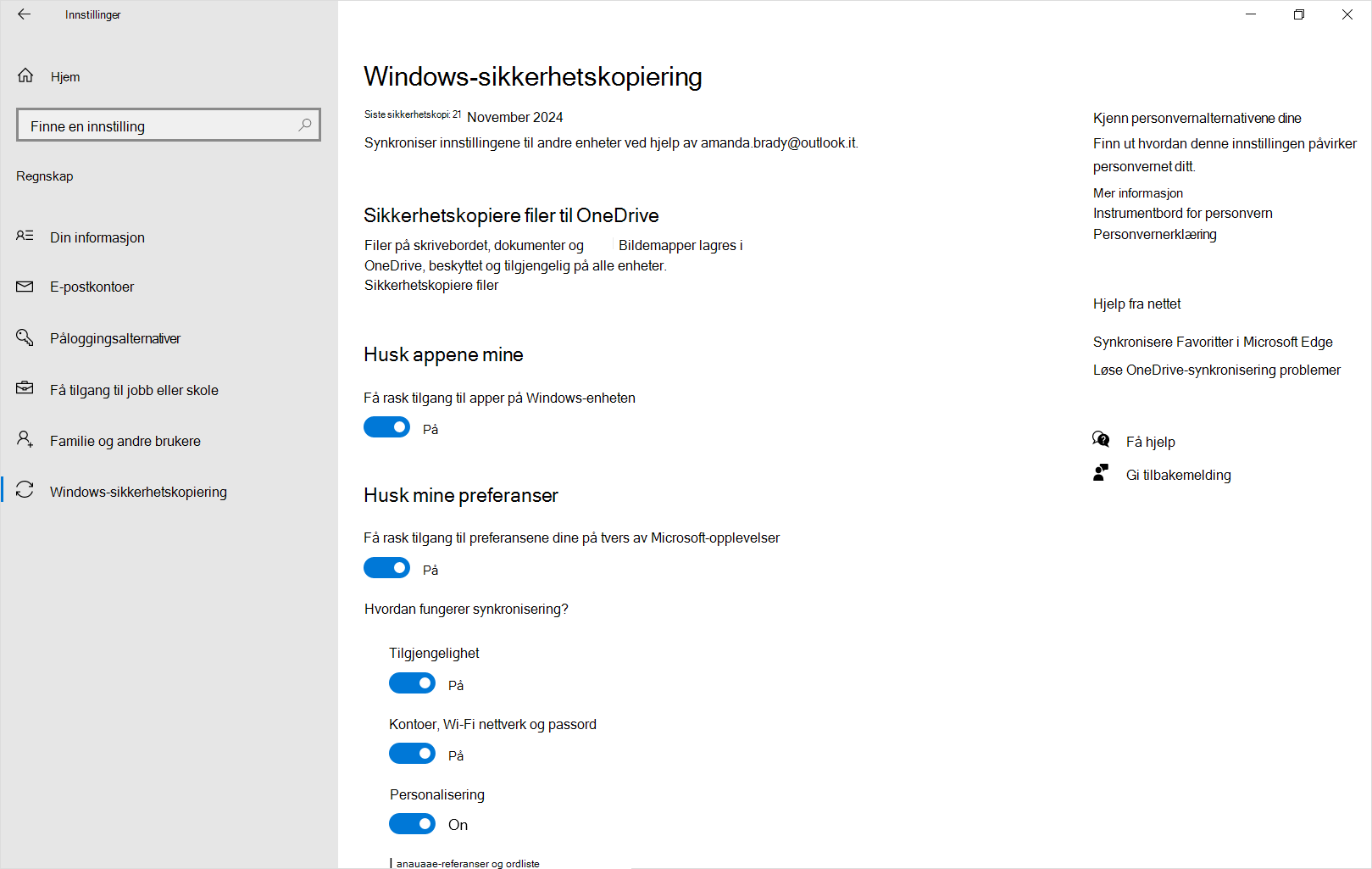 Skjermbilde av Windows-sikkerhetskopiering for innstillinger i Windows 10.