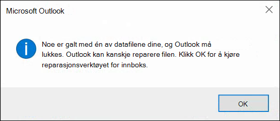 Noe er galt med en av datafilene dine og Outlook må lukkes.
