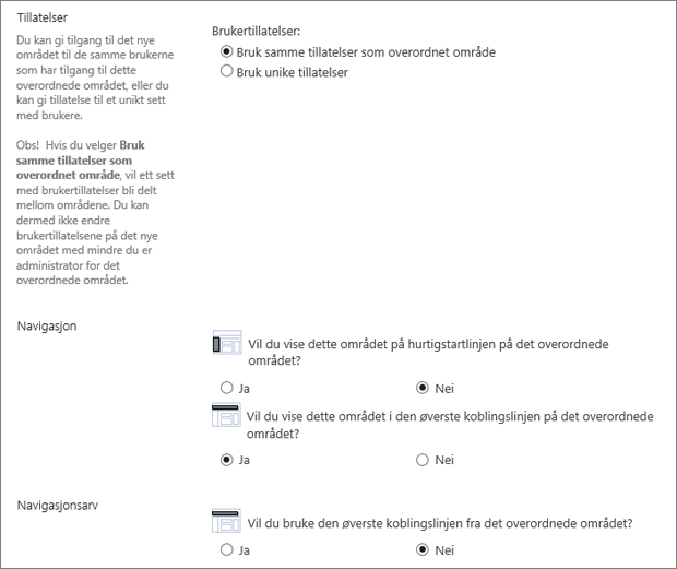 Nederste halvdel av dialogboksen for Opprette nettsted